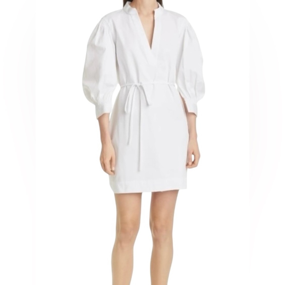 Rebecca Taylor Stretch Cotton Poplin 3/4 Balloon Sleeve Split Neck Tie-Waist